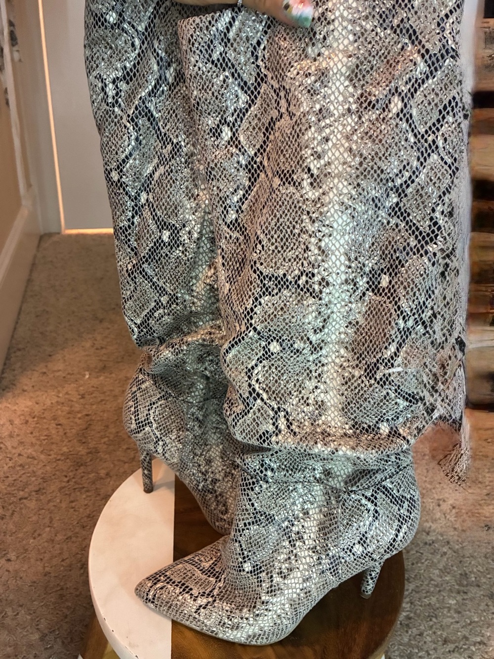 Jessica Simpson Silver Snake-Print Slouchy Pointed-Toe Heeled Boots